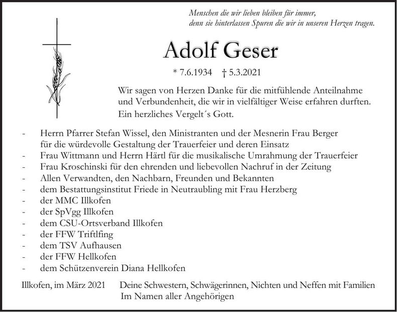 Traueranzeige Adolf Geser