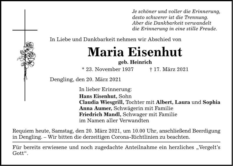 Traueranzeige Maria Eisenhut