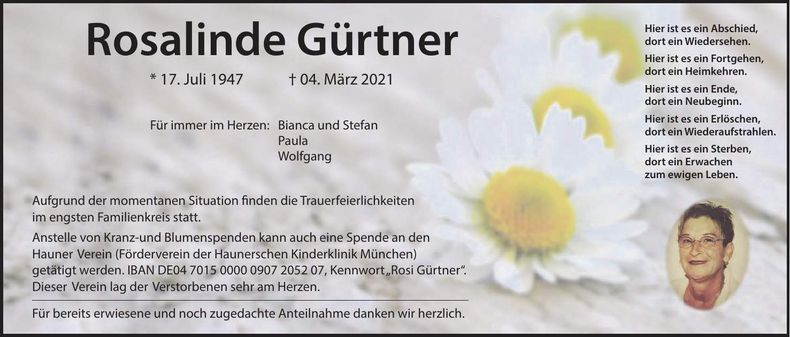 Traueranzeige Rosalinde Gürtner