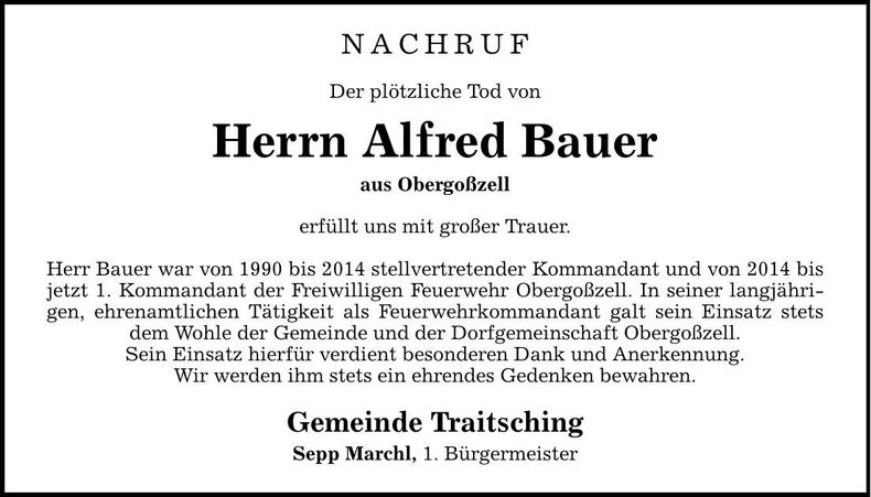 Traueranzeige Alfred Bauer