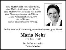 Traueranzeige Maria Nehr