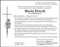 Traueranzeige Maria Fersch