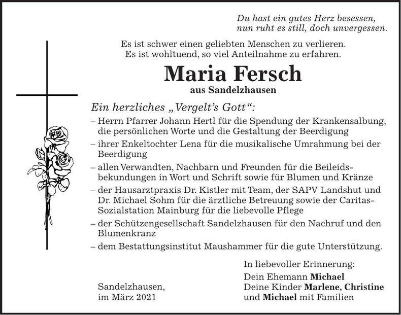 Traueranzeige Maria Fersch