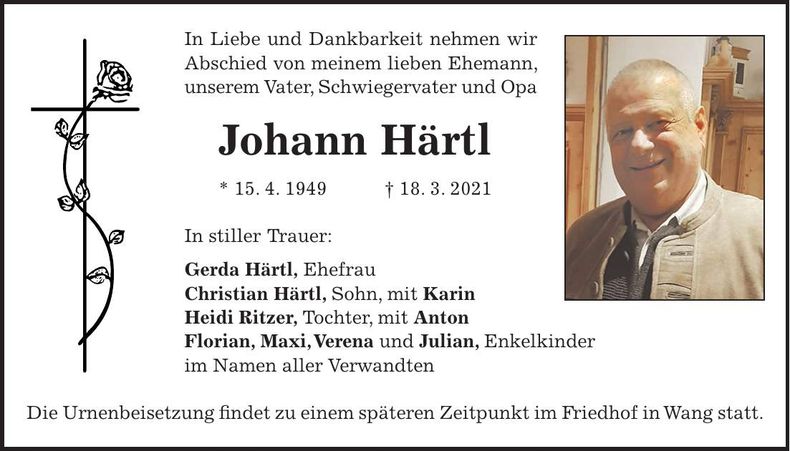 Traueranzeige Johann Härtl