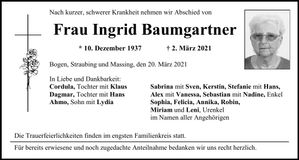 Traueranzeige Ingrid Baumgartner