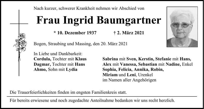 Traueranzeige Ingrid Baumgartner