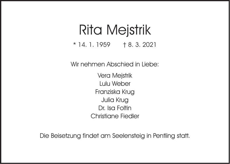 Traueranzeige Rita Mejstrik