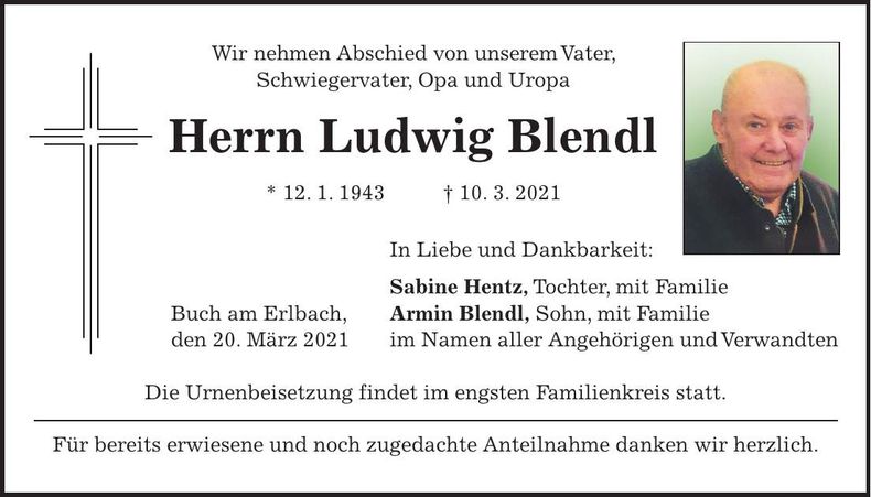 Traueranzeige Ludwig Blendl