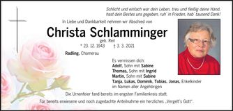 Traueranzeige Christa Schlamminger