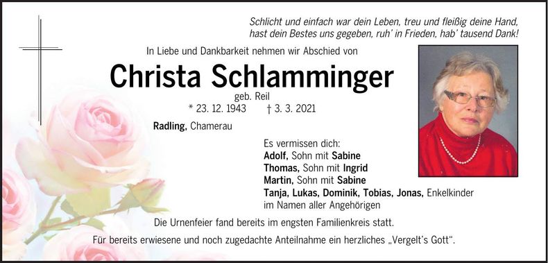 Traueranzeige Christa Schlamminger