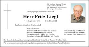 Traueranzeige Fritz Liegl
