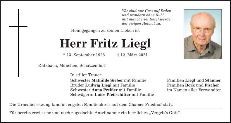 Traueranzeige Fritz Liegl
