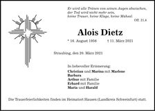 Traueranzeige Alois Dietz