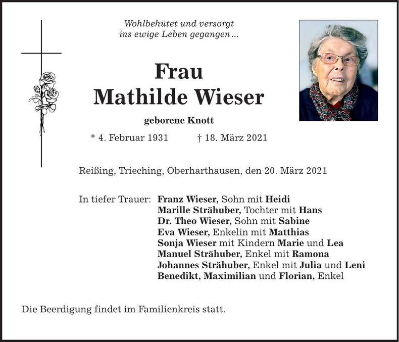 Traueranzeige Mathilde Wieser