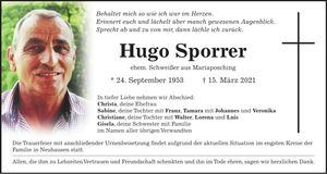 Traueranzeige Hugo Sporrer