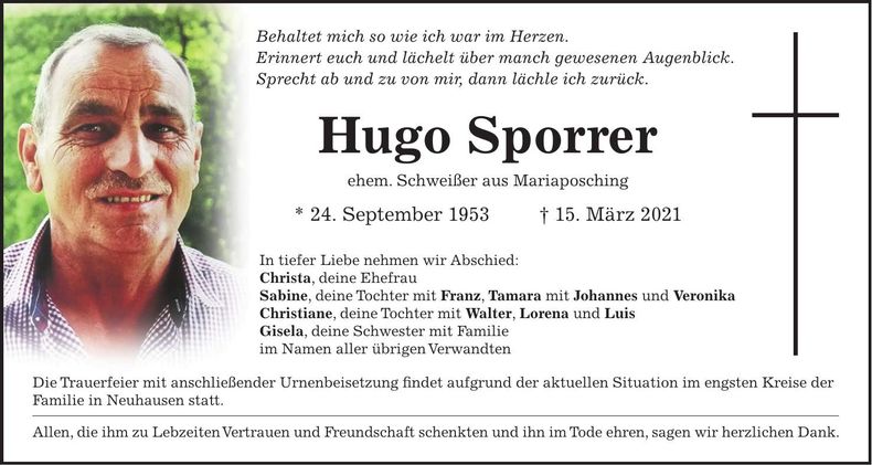 Traueranzeige Hugo Sporrer