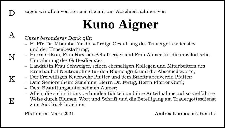 Traueranzeige Kuno Aigner