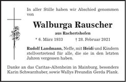 Traueranzeige Walburga Rauscher