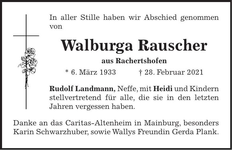 Traueranzeige Walburga Rauscher