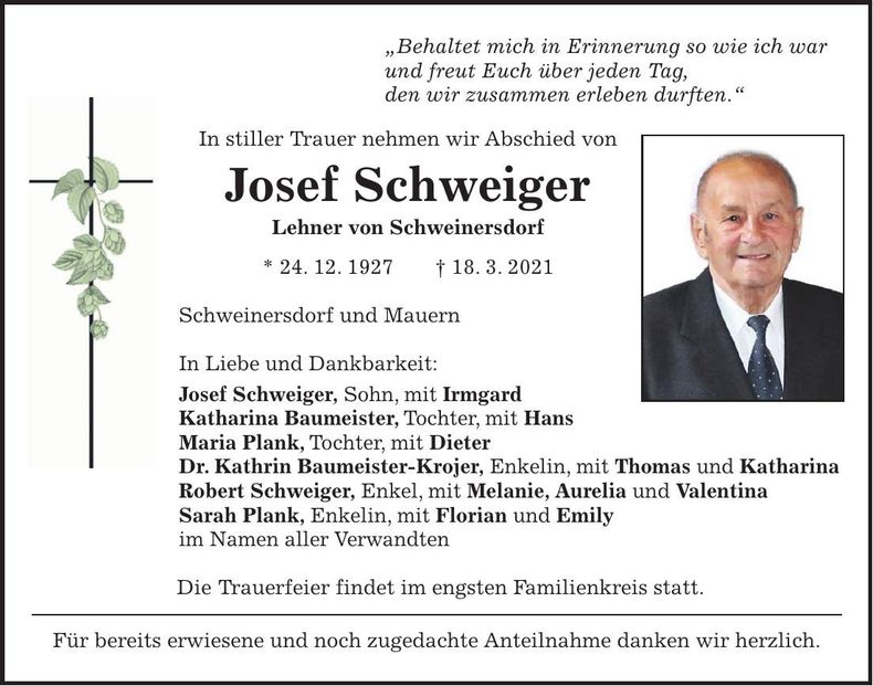 Traueranzeige Josef Schweiger