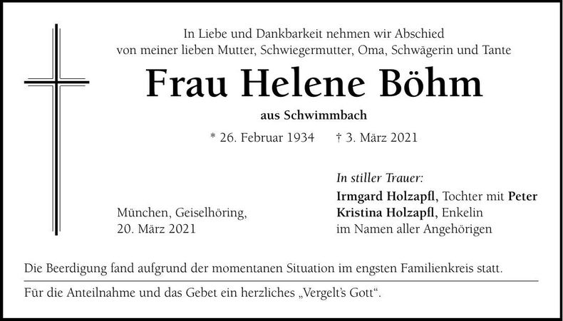 Traueranzeige Helene Böhm