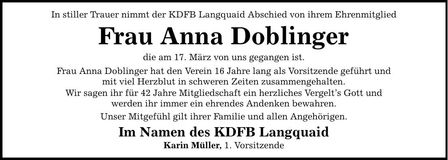 Traueranzeige Anna Doblinger