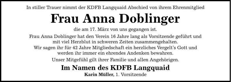 Traueranzeige Anna Doblinger