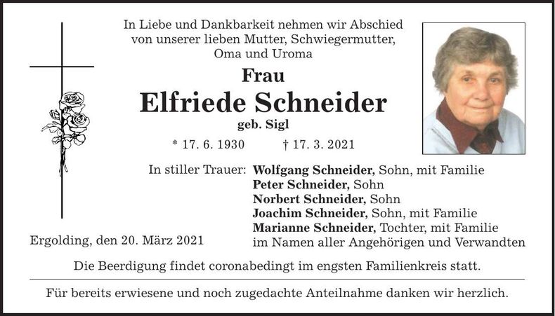 Traueranzeige Elfriede Schneider