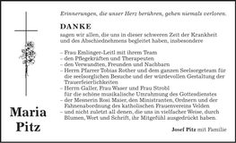 Traueranzeige Maria Pitz