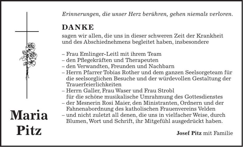 Traueranzeige Maria Pitz