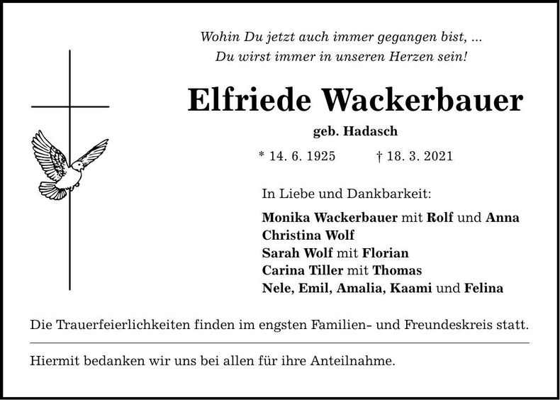 Traueranzeige Elfriede Wackerbauer