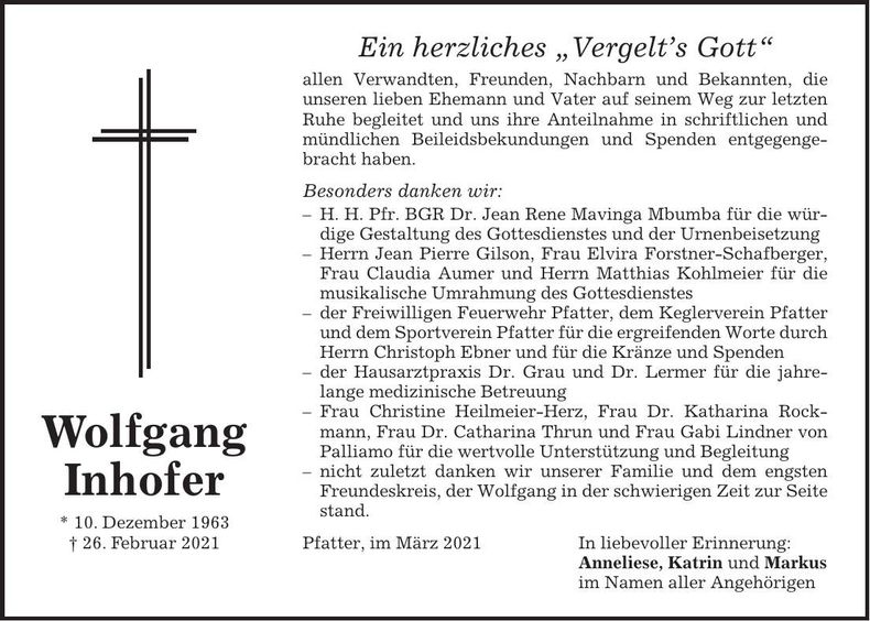 Traueranzeige Wolfgang Inhofer