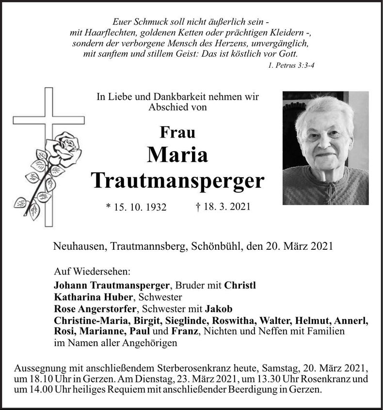 Traueranzeige Maria Trautmansperger