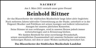 Traueranzeige Reinhold Rittner