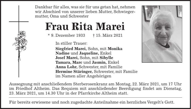 Traueranzeige Rita Marei