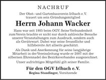 Traueranzeige Johann Wacker