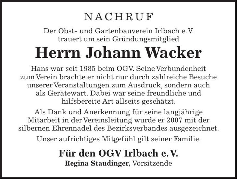 Traueranzeige Johann Wacker