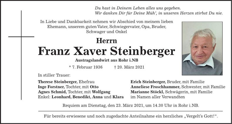 Traueranzeige Franz Xaver Steinberger