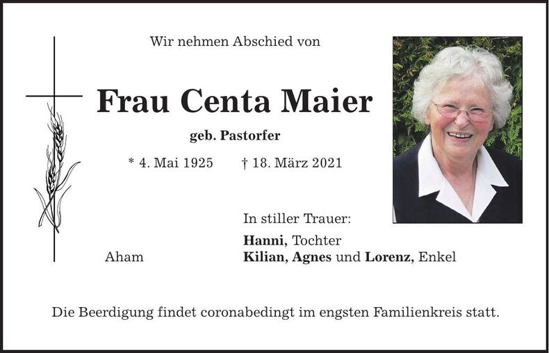 Traueranzeige Centa Maier