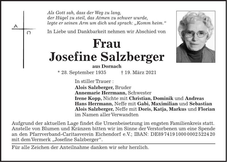 Traueranzeige Josefine Salberger