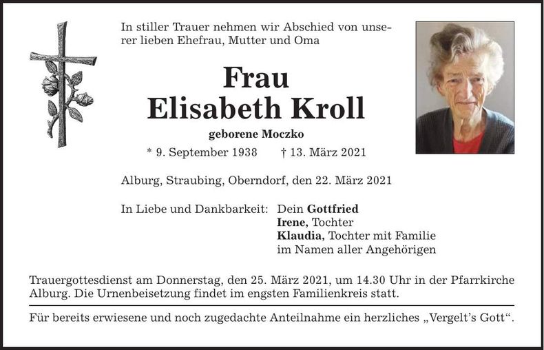 Traueranzeige Elisabeth Kroll