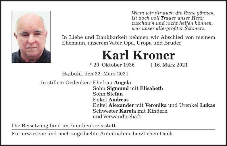 Traueranzeige Karl Kroner