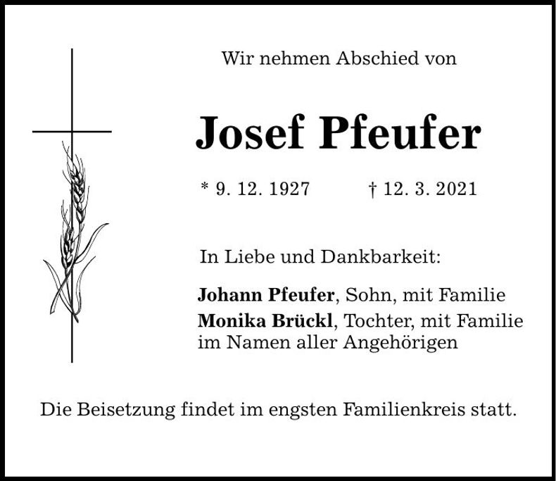 Traueranzeige Josef Pfeufer