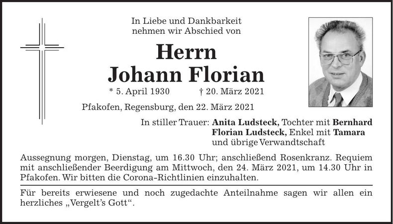 Traueranzeige Florian Johann