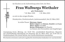 Traueranzeige Walburga Wiethaler