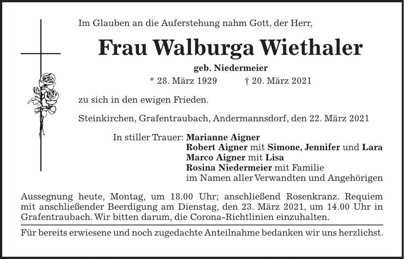Traueranzeige Walburga Wiethaler