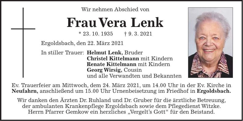 Traueranzeige Vera Link