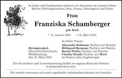 Traueranzeige Franziska Schamberger