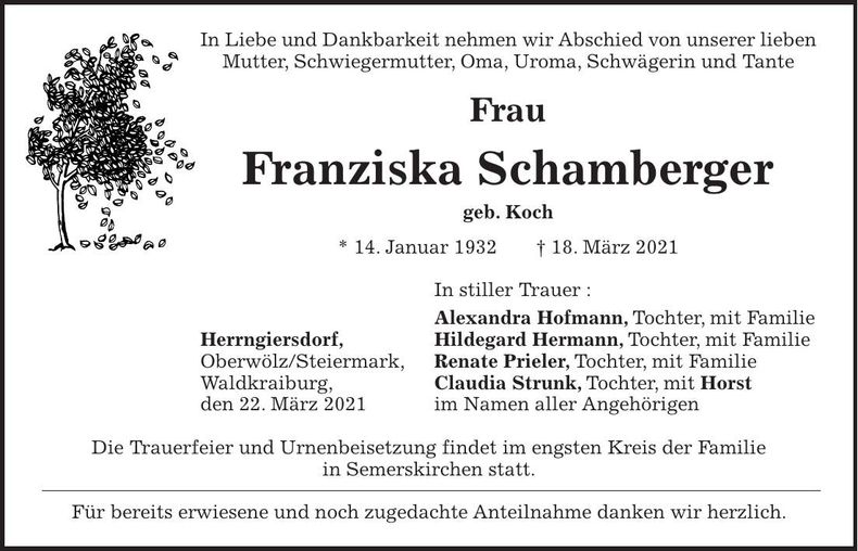 Traueranzeige Franziska Schamberger
