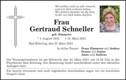 Traueranzeige Gertraud Schneller